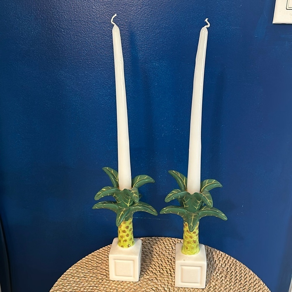 Vintage BW Next Set of Two Porcelain Palm Tree Candle Holders 8.5”